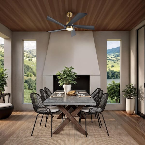 52 in. 5-Blade Indoor Matte Black Modern Standard Ceiling Fan with LED Light Solid Wood Blades