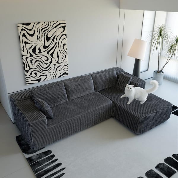 106 in. Track Arm 2-Piece Corduroy Upholstery L-Shaped Sectional Sofa with Compression Foam Construction in. Gray