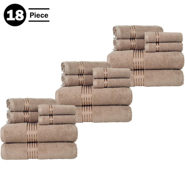Lavish Home 18-Piece Taupe Solid 100% Cotton Bath Towel Set with Satin Stripes