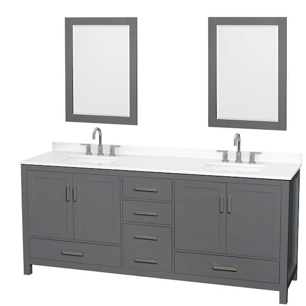 Wyndham Collection Sheffield 80 in. W x 22 in. D x 35 in. H Double Bath Vanity in Dark Gray with White Quartz Top and 24 in. Mirrors
