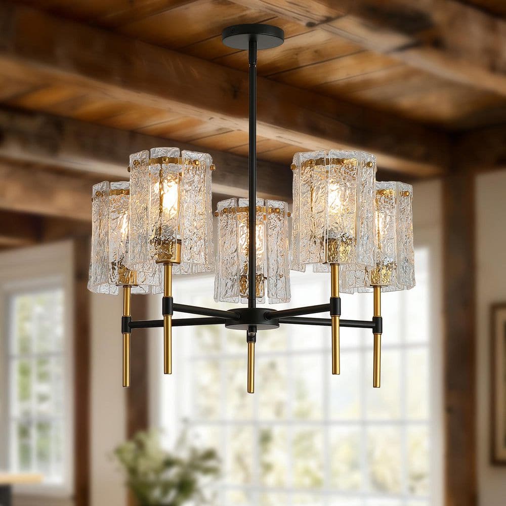 Modern 5-Light Black and Gold Chandelier with Textured Glass Shape for Living Room Dining Room with No Bulbs Included price history on PriceWatchPro