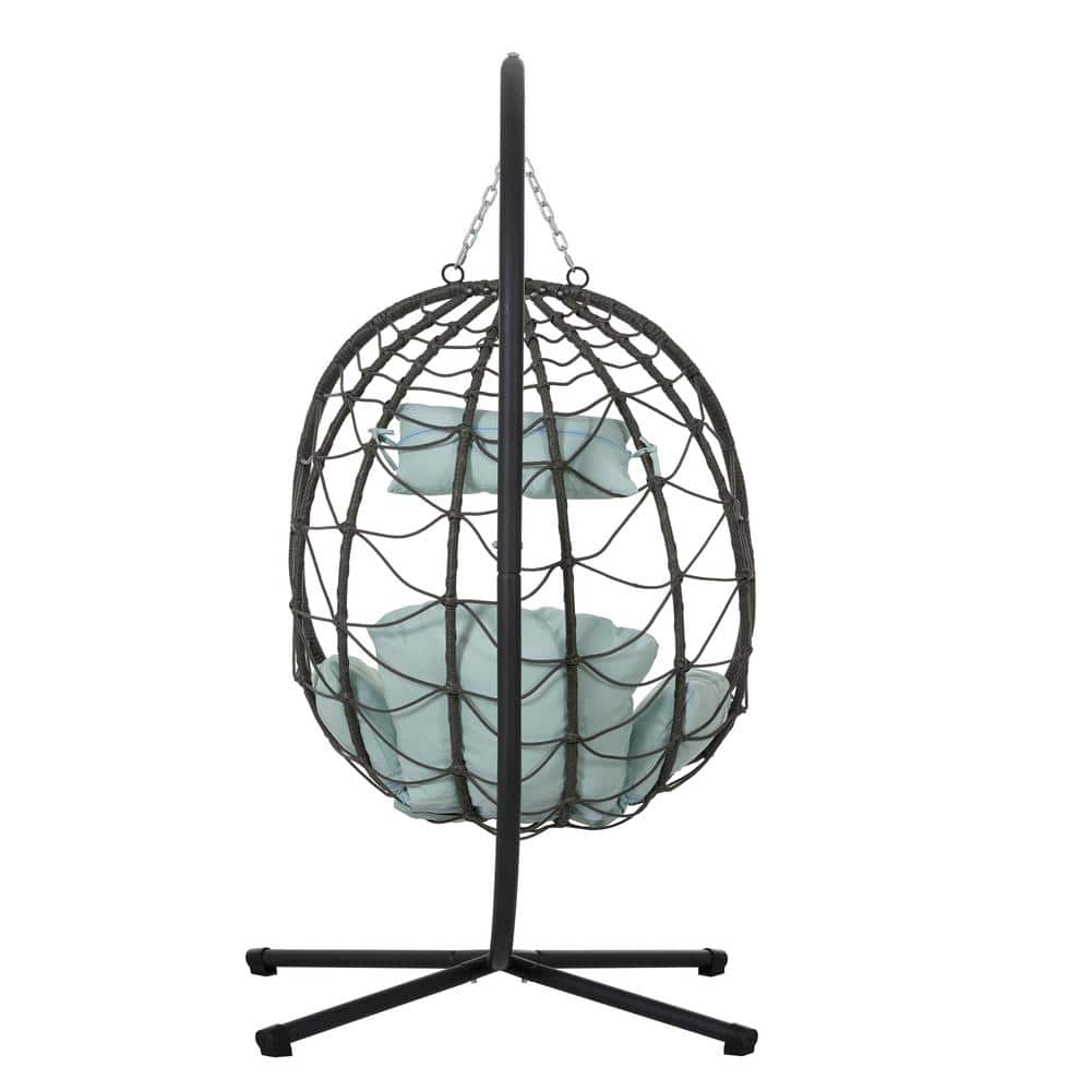 Gray Steel Outdoor Egg Chair with Light Cyan Cushions