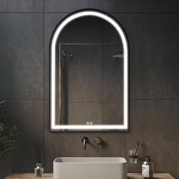 Lirago 26 in. W x 38 in. H Arched Framed LED Dimmable Anti-Fog Bathroom Vanity Mirror in Black