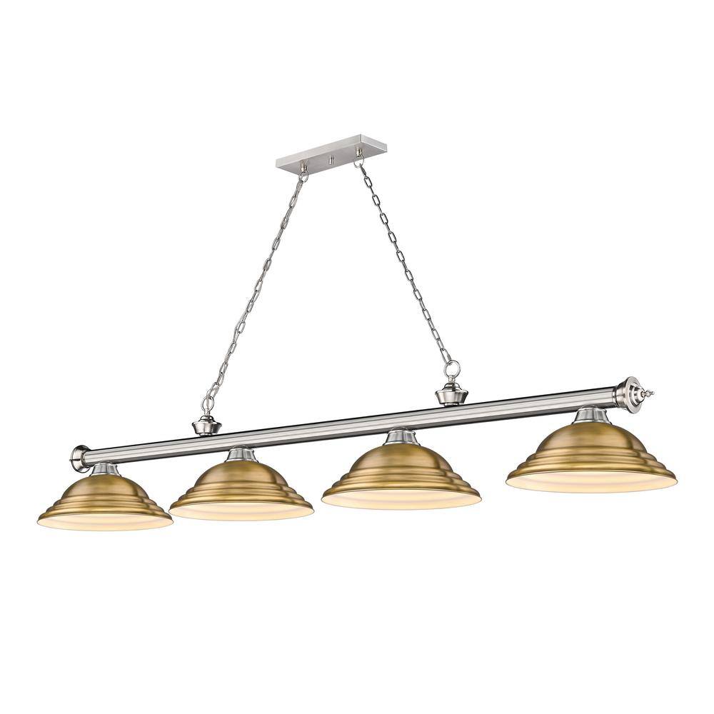 Cordon 4-Light Brushed Nickel with Stepped Rubbed Brass Shade Billiard Light with No Bulbs Included -  Z-Lite, 2306-4BN-SRB