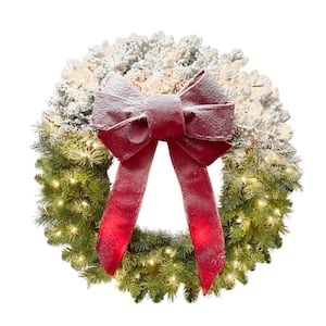 Pre-Lit 30 in. Green Half Flocked Artificial Christmas Wreath with 70-Lights