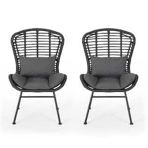 2- Piece Black Metal and Wicker Outdoor Lounge Chair with Grey Cushions