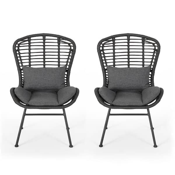 maocao hoom 2- Piece Black Metal and Wicker Outdoor Lounge Chair with Grey Cushions