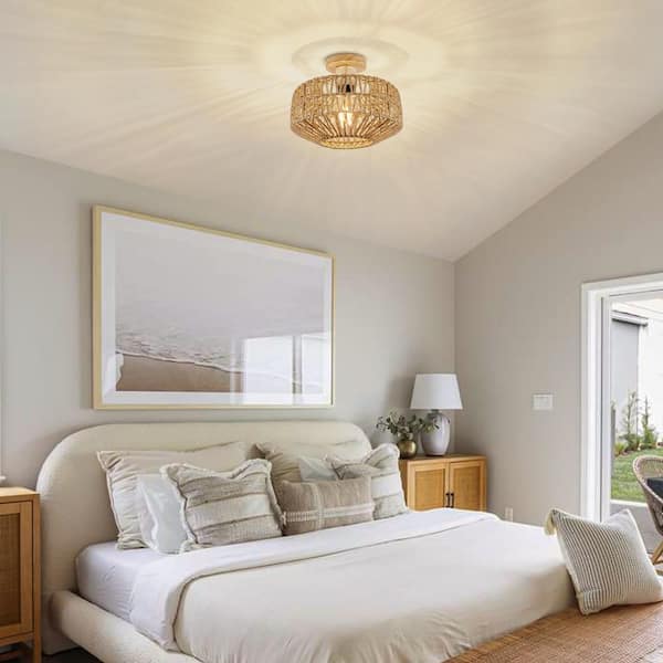 LynPon 12 in. 1-Light Bohemian Rattan Semi Flush Mount Ceiling Light for Dining Room Foyer Entrance Kitchen Bedroom - image 3