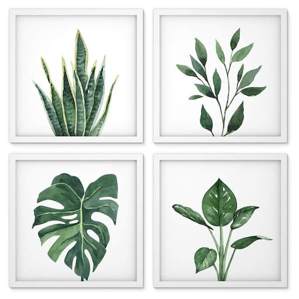 Unbranded 4 Piece White Wood Framed Sage Green Plant Print Wall Prints 10 in. x 10 in.