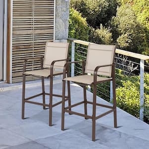 2-Piece Wrought Iron Brown Frame Beige Cloth Surface Garden Bar Chair RT