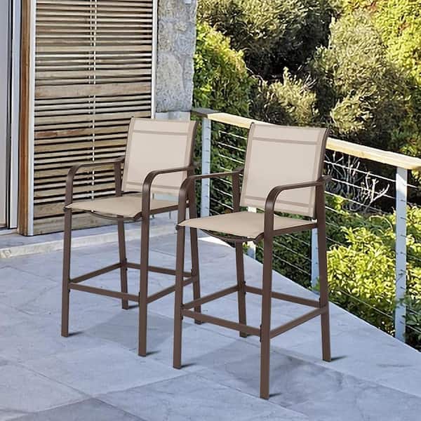 AOPSPS 2-Piece Wrought Iron Brown Frame Beige Cloth Surface Garden Bar Chair RT