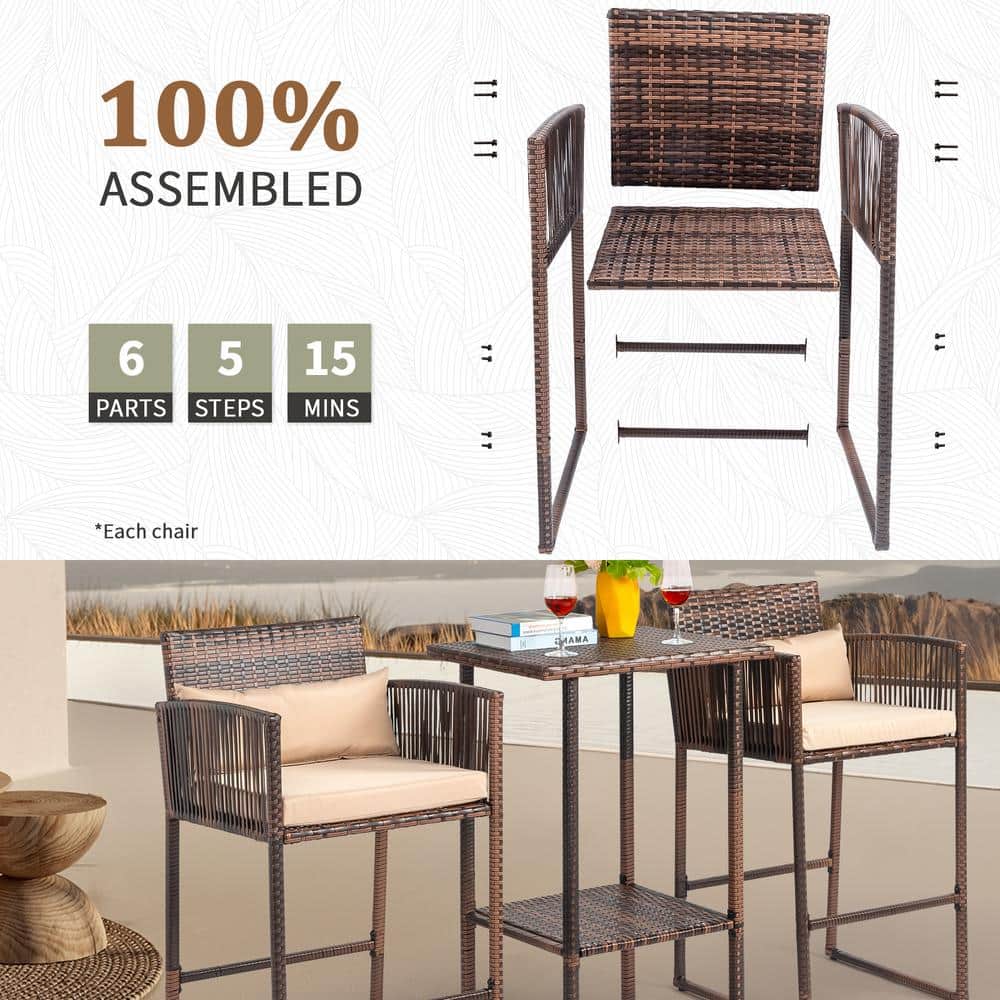Brown Steel and Wicker Bar Height Outdoor Set with Beige Cushions