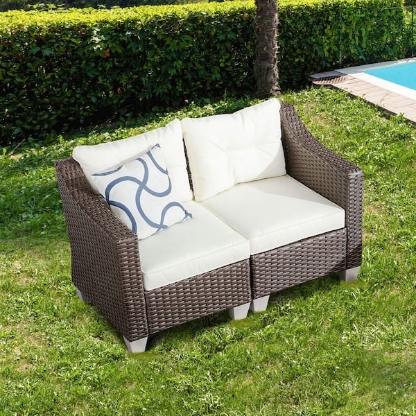 Patio Festival 2-Piece Wicker Outdoor Loveseat with White Cushions