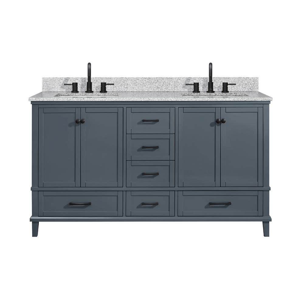 Merryfield 61 in. Double Sink Dark Blue-Gray Bath Vanity with Gray Granite 