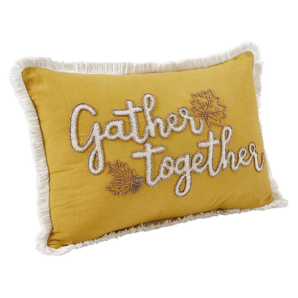 Gather Together Yellow Embroidered Cotton Blend Throw Pillow