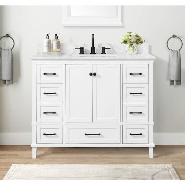 Home Decorators Collection Merryfield 43 in. Single Sink Freestanding White Bath Vanity with White Carrara Marble Top (Assembled)