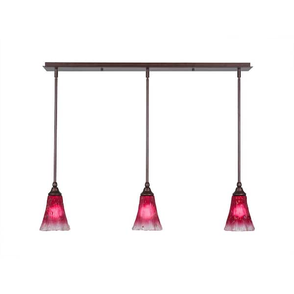 Unbranded Livingston 100-Watt 3 Light Bronze, Linear Pendant Light with 5.5 in. Raspberry Crystal Glass Shades No Bulbs Included