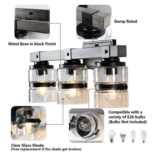 Logmey 23 in. 3-Light Matte Black Bathroom Vanity Light with