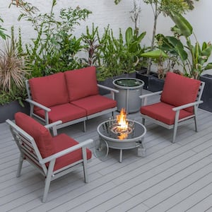 Walbrooke Grey 5-Piece Aluminum Round Patio Fire Pit Set with Red Cushions, Slats Design and Tank Holder