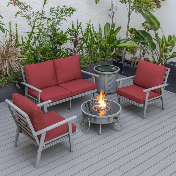 Leisuremod Walbrooke Grey 5-Piece Aluminum Round Patio Fire Pit Set with Red Cushions, Slats Design and Tank Holder