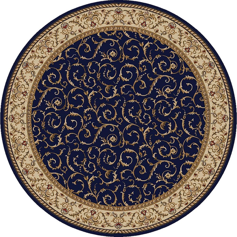 Como Navy 5 ft. Round Traditional Floral Scroll Area Rug