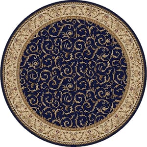 Como Navy 8 ft. Round Traditional Floral Scroll Area Rug