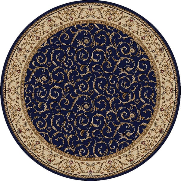 Como Navy 8 ft. Round Traditional Floral Scroll Area Rug