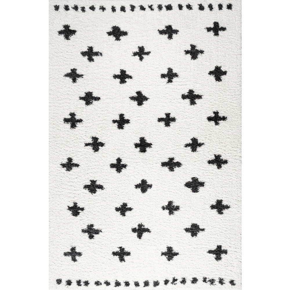 Reversible White/Black Geometric Shag Synthetic Area Rug