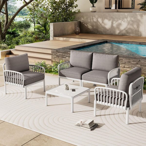 5-Piece White Plastic Patio Conversation Deep Seating Set with Square Coffee Table and Waterproof Thick Gray Cushion