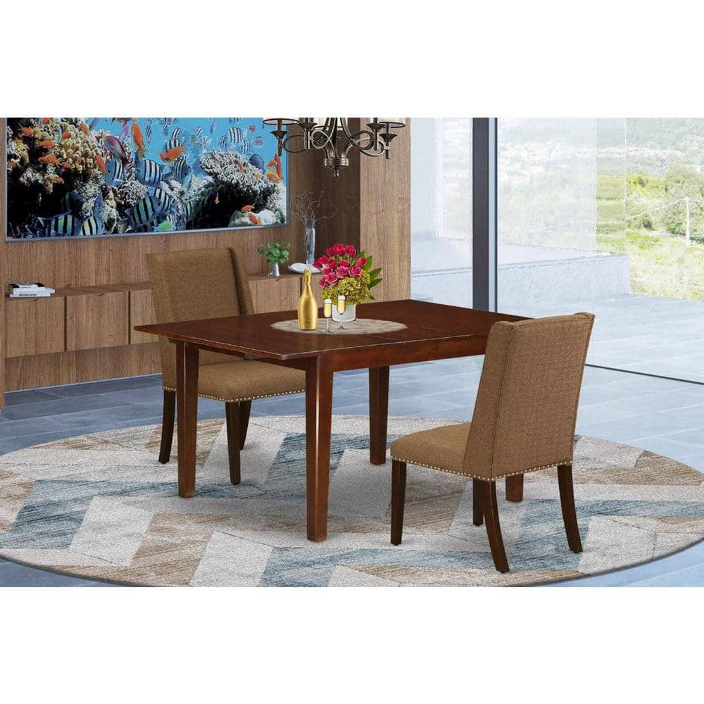 3-Piece Mahogany Finish Rectangular Solid Wood Top with Butterfly Leaf Dining Table Set