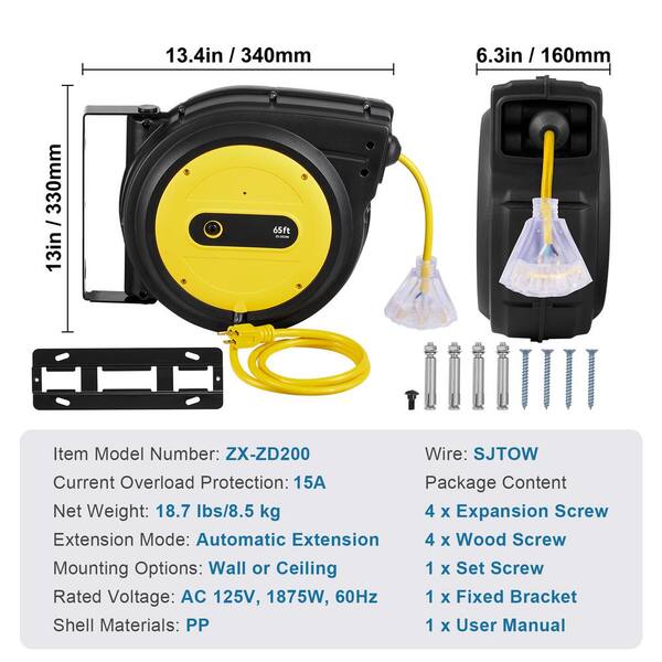 SVOPES Retractable Extension Cord Reel, 65 ft., 12Gauge / 3