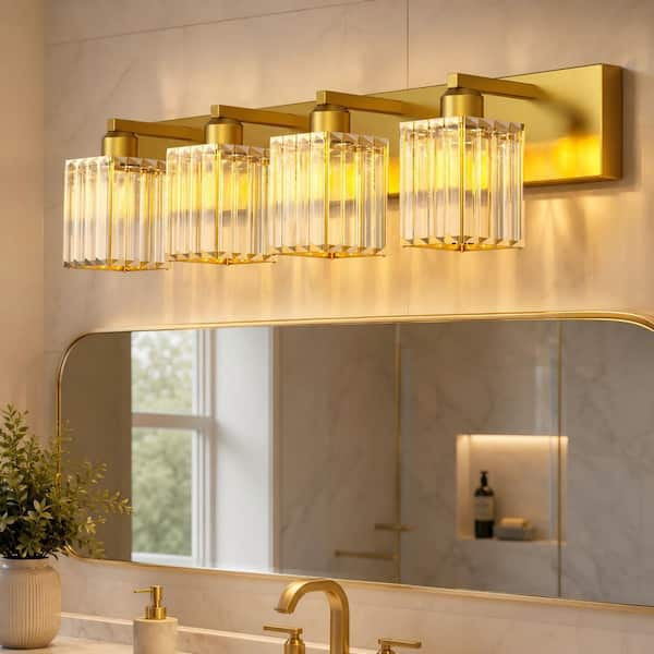 32 in. 4-Light Gold Square LED Vanity Light in Antique Brass for Bathroom and Makeup Room with Crystal Shade