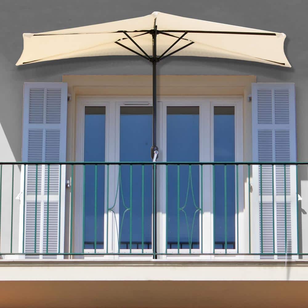 Tan Steel Half-Moon Patio Umbrella with Resin Base