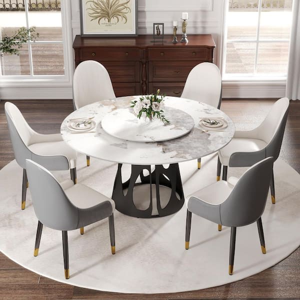 59 in. Pandora Lazy Susan Sintered Stone Tabletop with Black Pedestal Base Dining Table (Seats 8)