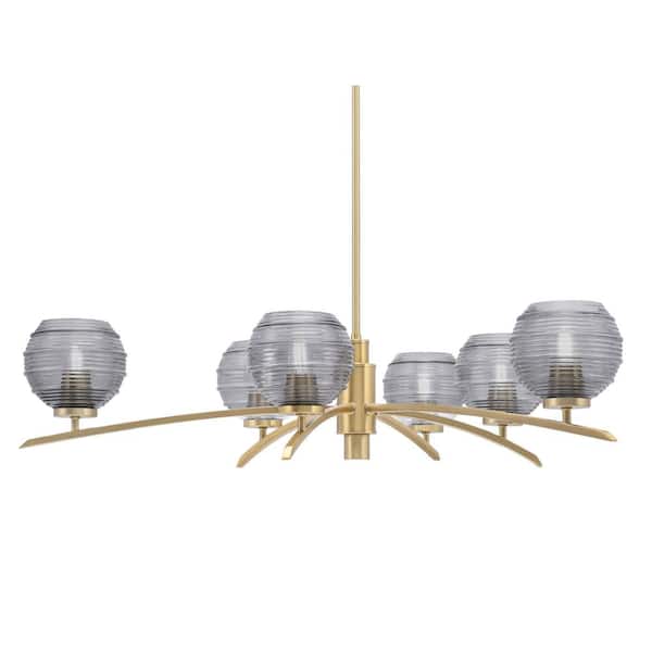 Unbranded Siena 31 in. 6 Light New Age Brass Chandelier with Smoke Ribbed Glass Shades
