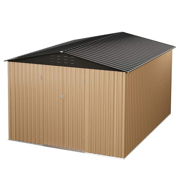 Outdoor Storage Shed 120sq. ft. Metal Large Lockable Doors Waterproof Roof Sturdy Frame Brown Grey Patio Backyard Garage