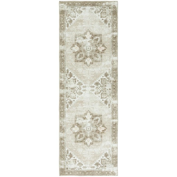 Tuscon Sage/Ivory 3 ft. x 8 ft. Machine Washable Border Distressed Runner Rug