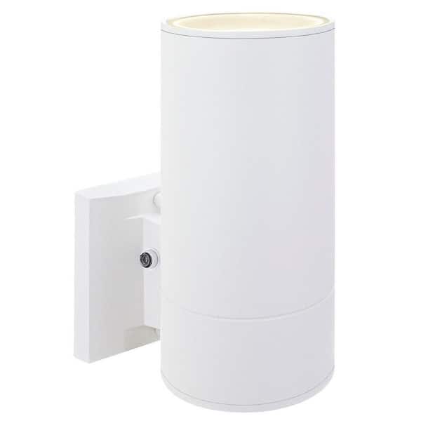 Enhanced 9 in. White Dusk to Dawn Indoor/Outdoor Hardwired Cylinder Sconce with No Bulb Included