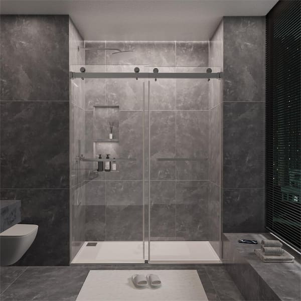 60 in. W x 80 in. H Sliding Frameless Shower Door in Gray with 3/8 in. Clear Glass