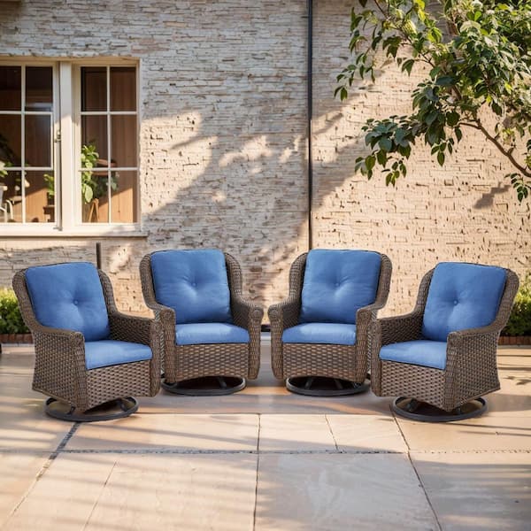 ChrysArm Chrysanthemum 4-Piece Brown Swivel Glider Wicker Outdoor Rocking Chair with Blue Cushions Patio Swivel Chairs