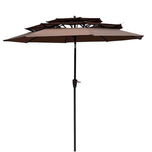 Tunearary 9 ft. 3-Tiers Outdoor Patio Polyester Umbrella in Brown with Push Button Tilt/Crank and Wind Vents