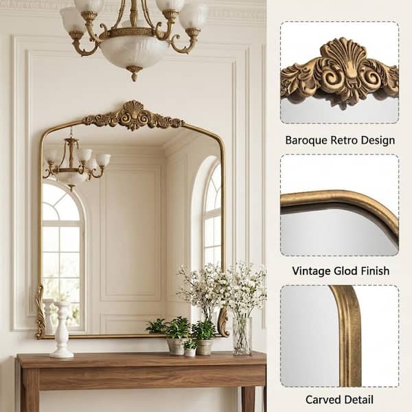 37 in. W x 40 in. H Baroque Carved Vintage Gold Arched Framed Wall Bathroom Vanity Mirror