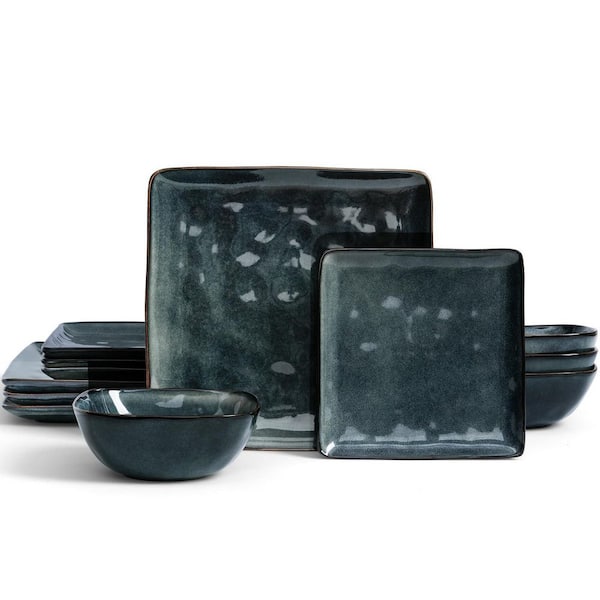 12-Piece Green Stoneware Dinnerware Set (Service for 4), Reactive Glaze, Microwave Dishwasher Safe, Scratch Resistant