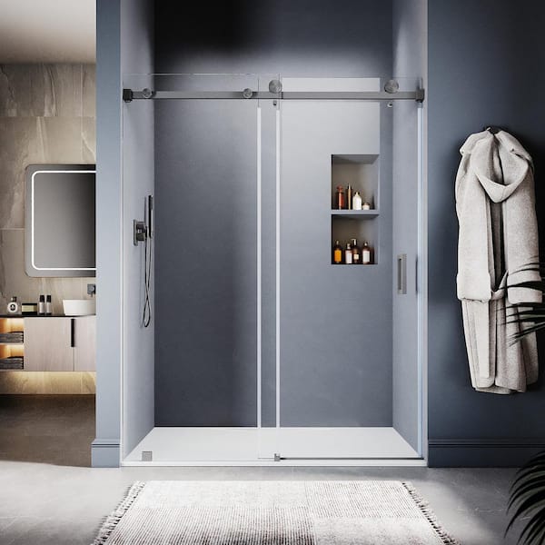 UNIKOO UKS05 50 to 55 in. W x 76 in. H Sliding Frameless Shower Door in Space Gray, EnduroShield 3/8 in. SGCC Clear Glass