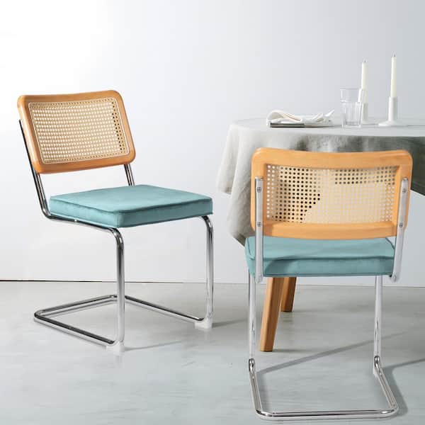 Unbranded Mid-Century Rattan Outdoor Dining Chair with Cane Backrest and Metal Base, Set of 2, with Waterproof Water Blue Cushion
