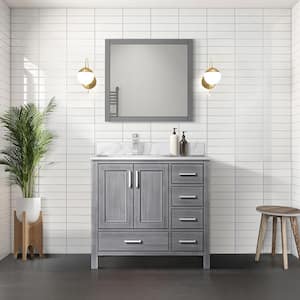 Jacques 36 in. W x 22 in. D Left Offset Distressed Grey Bath Vanity, Carrara Marble Top, Faucet Set, and 34 in. Mirror