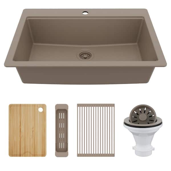 33 in. Drop-In Single Bowl Quartz Workstation Kitchen Sink in Concrete