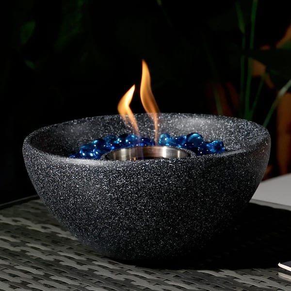 Concrete Tabletop Fire Pit, Portable Indoor/Outdoor Ethanol Fireplace with Stainless Steel Lid and Blue Glass Beads