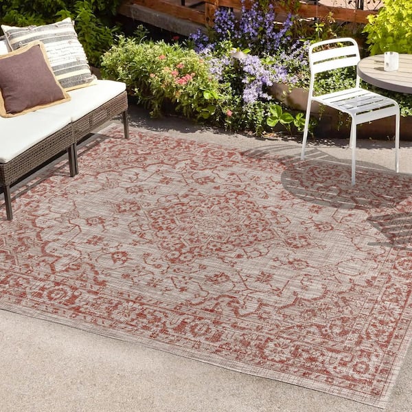 JONATHAN Y Rozetta Boho Medallion Red/Taupe 5 ft. 3 in. x 7 ft. 7 in. Textured Weave Indoor/Outdoor Area Rug