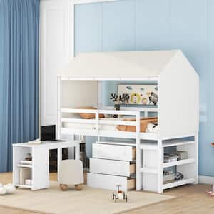 White Wood Frame Twin Size House Loft Bed with Movable Desk, 2 Open Compartments, Bookshelf, 3-Drawer and Tent